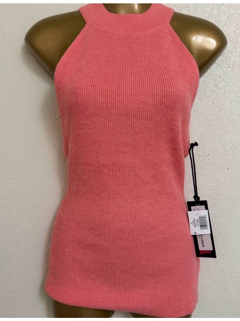 Rock and roll Sleeveless Ribbed Knit Halter Top in Coral Pink